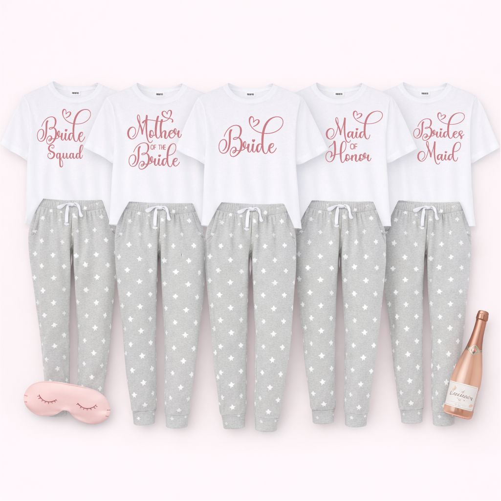 Personalised Hen Party Role Pyjamas Pyjamas Print My Tops Womens XS (Size 6-8) Grey Stars 