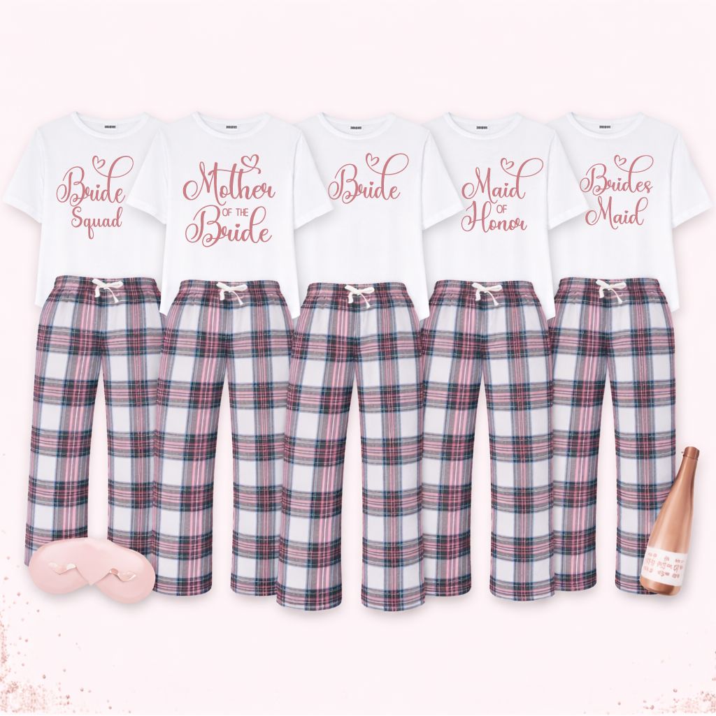 Personalised Hen Party Role Pyjamas Pyjamas Print My Tops Womens XS (Size 6-8) Pink Tartan White Top 