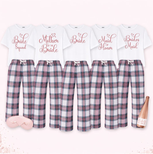 Personalised Hen Party Role Pyjamas Pyjamas Print My Tops Womens XS (Size 6-8) Pink Tartan White Top 