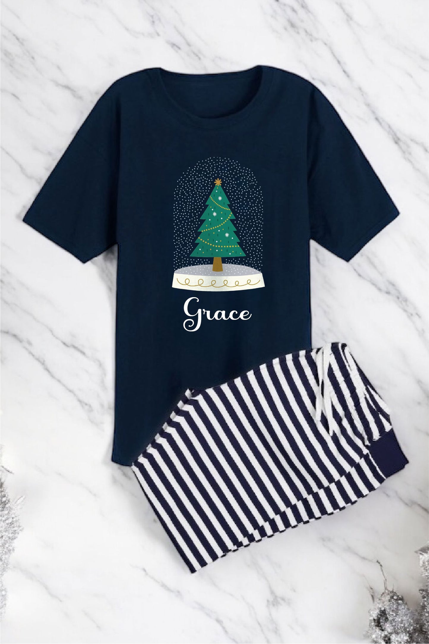 Personalised Navy Christmas Pyjamas – Snow Globe Tree Design, Matching Family Xmas PJs Pyjamas Print My Tops 