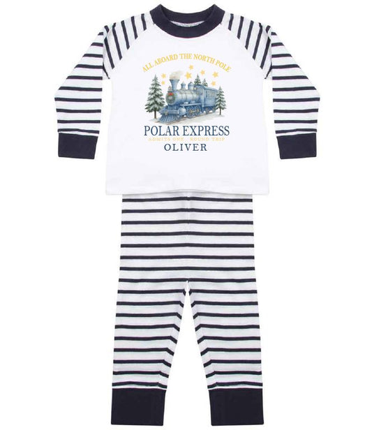 Personalised Polar Express Christmas Pyjamas – Blue or Pink Striped PJs Pyjamas Print My Tops Blue 0-6 Months 