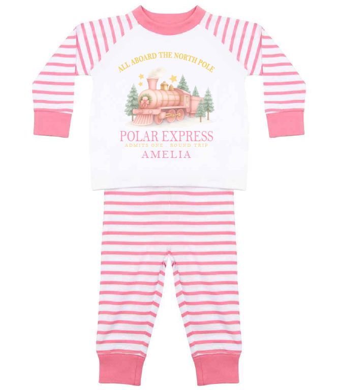 Personalised Polar Express Christmas Pyjamas – Blue or Pink Striped PJs Pyjamas Print My Tops Pink 0-6 Months 