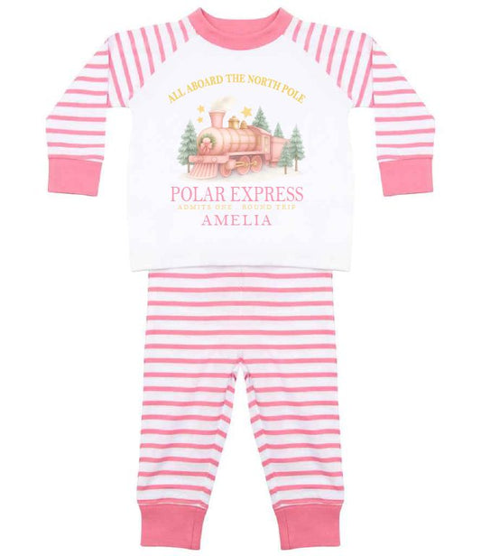 Personalised Polar Express Christmas Pyjamas – Blue or Pink Striped PJs Pyjamas Print My Tops Pink 0-6 Months 