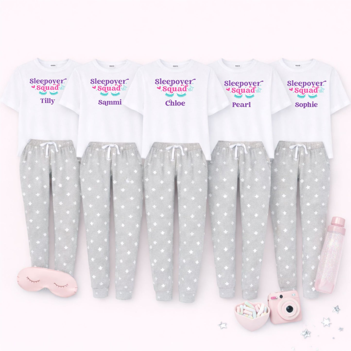 Personalised Sleepover Squad Pyjamas Pyjamas Print My Tops 12-18 Months Grey Stars 