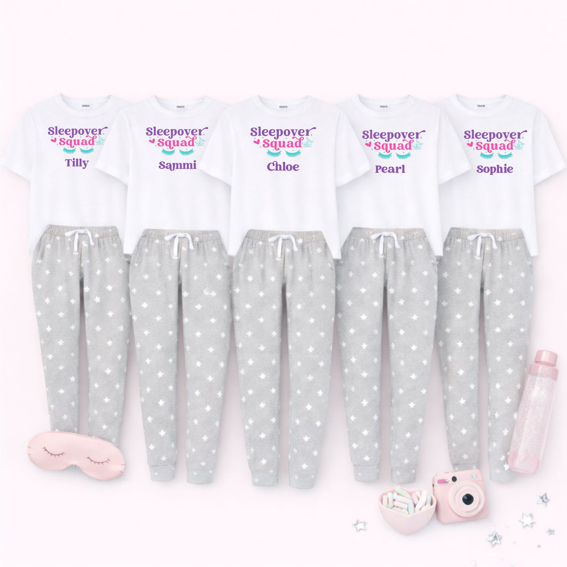 Personalised Sleepover Squad Pyjamas Pyjamas Print My Tops 12-18 Months Grey Stars 
