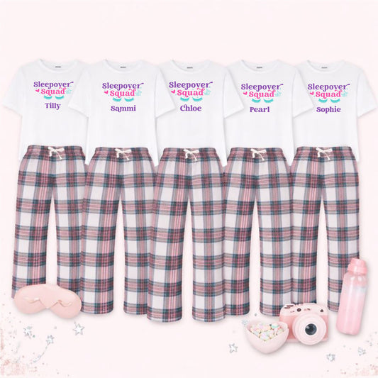 Personalised Sleepover Squad Pyjamas Pyjamas Print My Tops 12-18 Months Tartan 