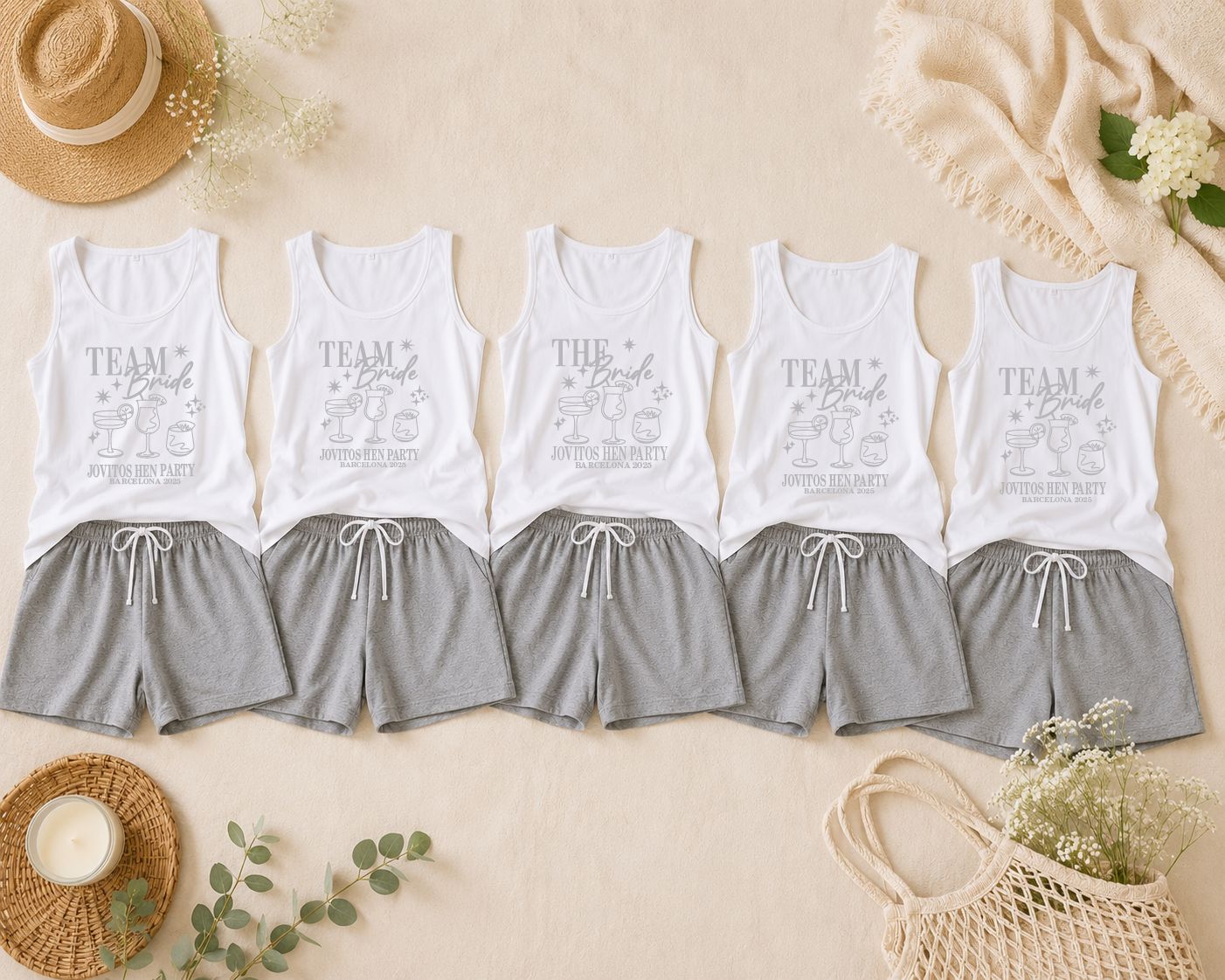 Personalised Team Bride Pyjamas – Grey Shorts & White Vest Hen Party PJs Pyjamas Print My Tops 