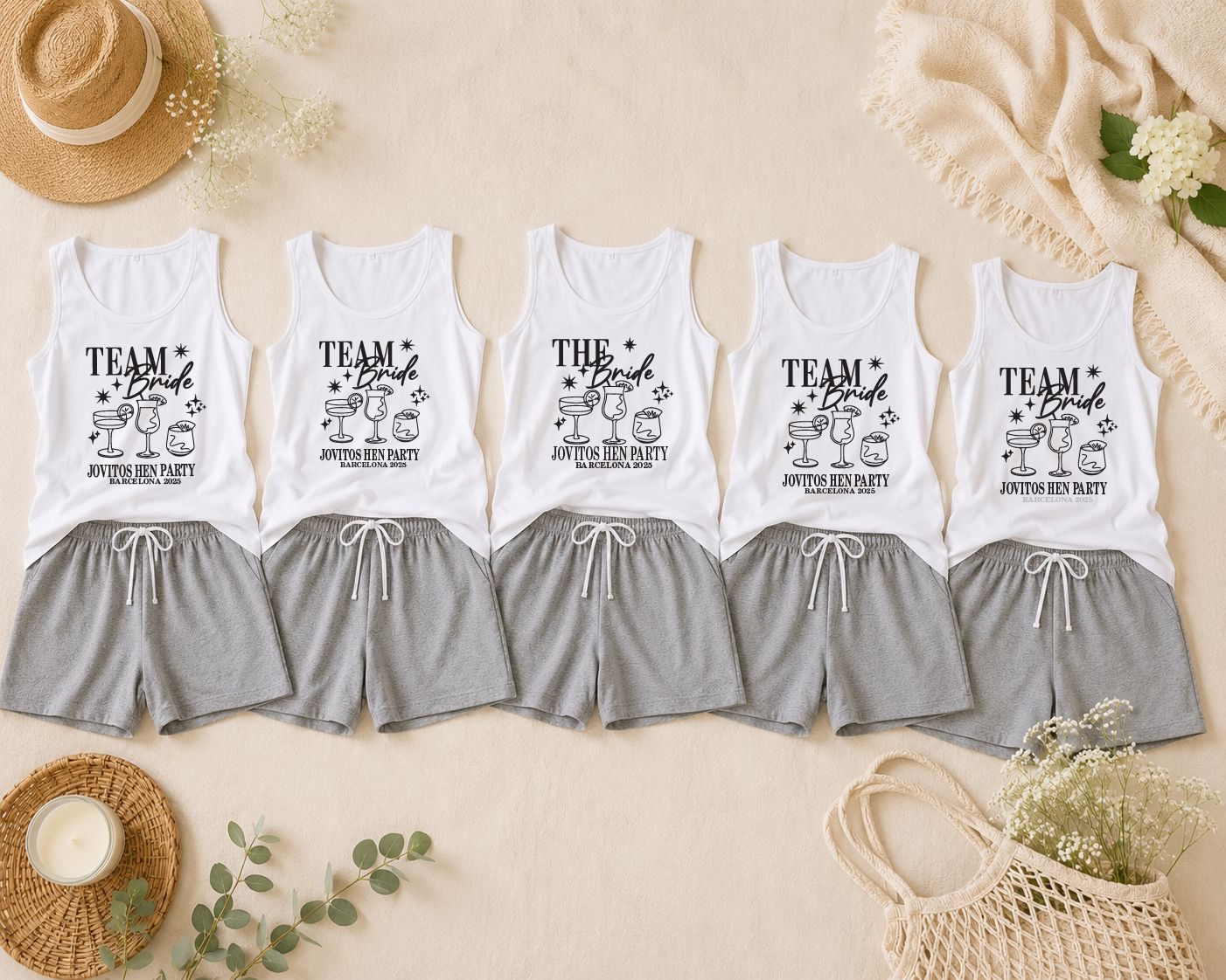 Personalised Team Bride Pyjamas – Grey Shorts & White Vest Hen Party PJs Pyjamas Print My Tops 