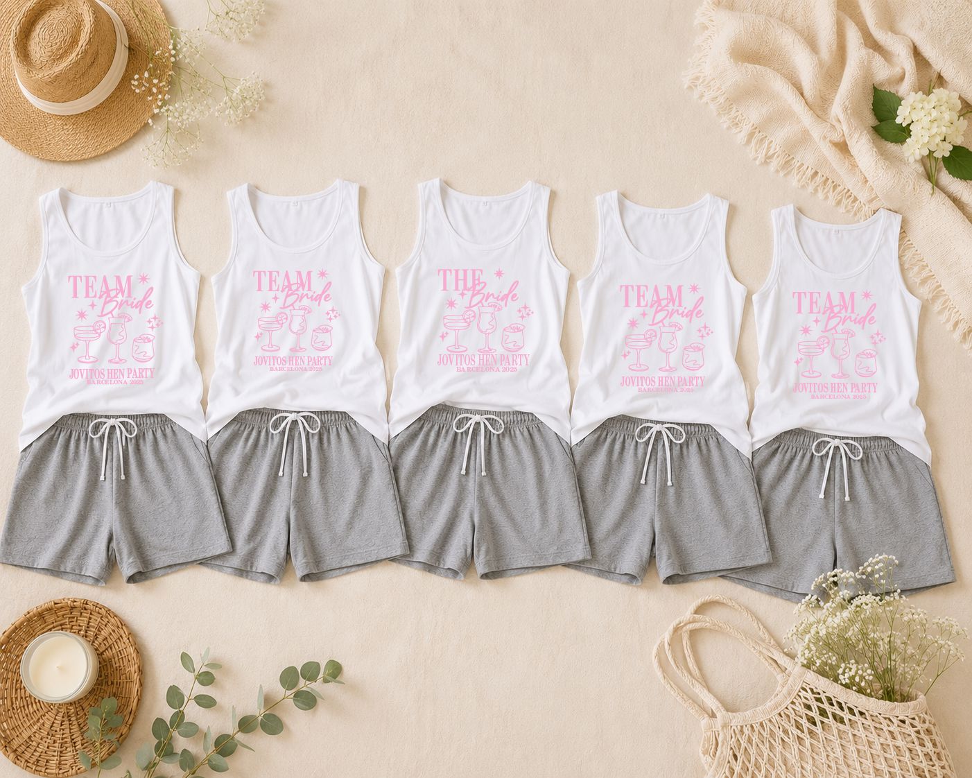 Personalised Team Bride Pyjamas – Grey Shorts & White Vest Hen Party PJs Pyjamas Print My Tops 