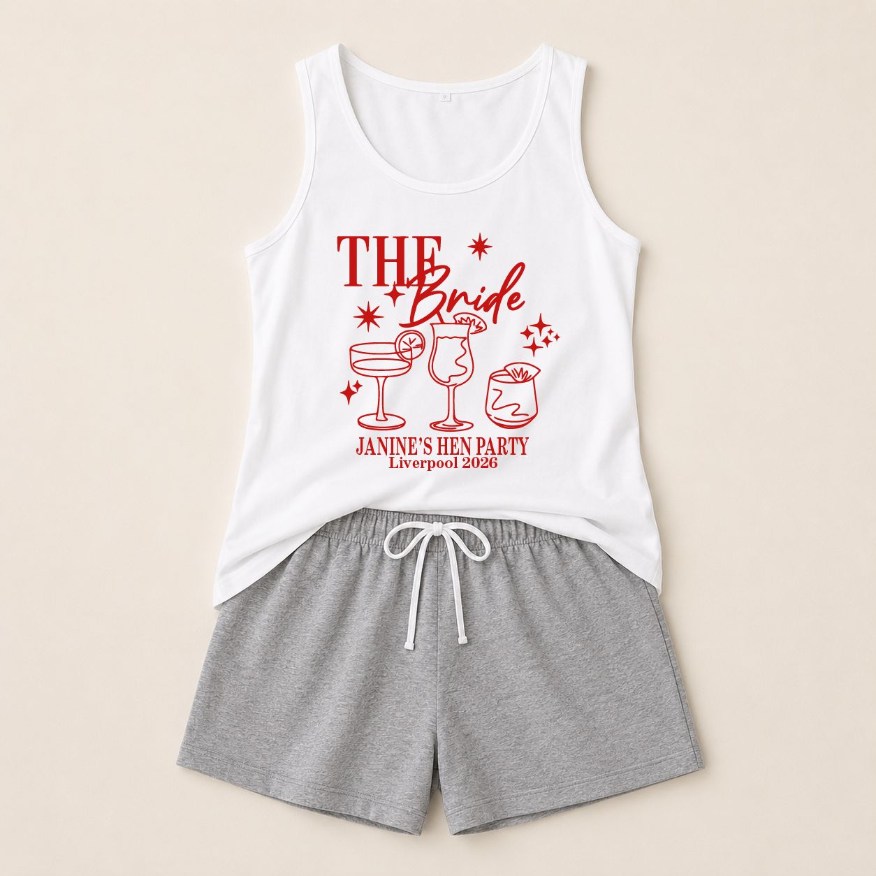 Personalised Team Bride Pyjamas – Grey Shorts & White Vest Hen Party PJs Pyjamas Print My Tops 