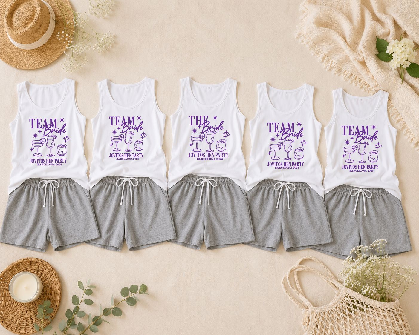 Personalised Team Bride Pyjamas – Grey Shorts & White Vest Hen Party PJs Pyjamas Print My Tops 