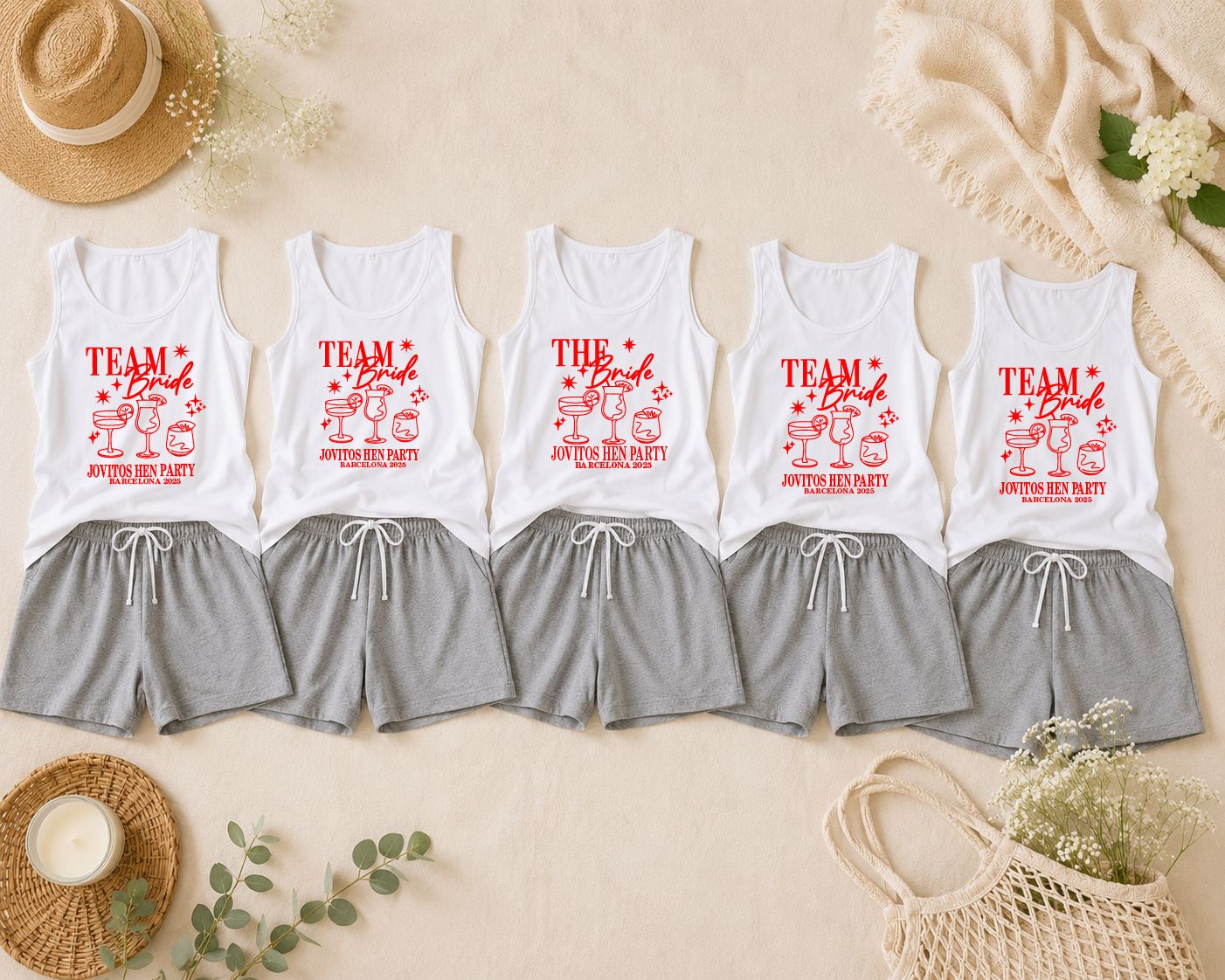 Personalised Team Bride Pyjamas – Grey Shorts & White Vest Hen Party PJs Pyjamas Print My Tops 