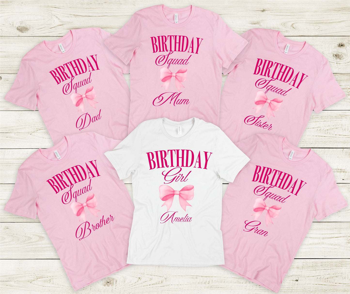 Pink Coquette Birthday Squad Family T-Shirts with Bow – Personalised T-shirt Print My Tops Birthday Squad Ladies XS (Size 6-8) 