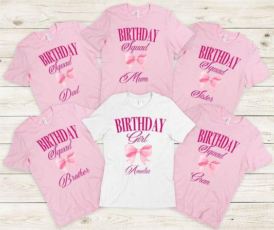Pink Coquette Birthday Squad Family T-Shirts with Bow – Personalised T-shirt Print My Tops Birthday Squad Ladies XS (Size 6-8) 