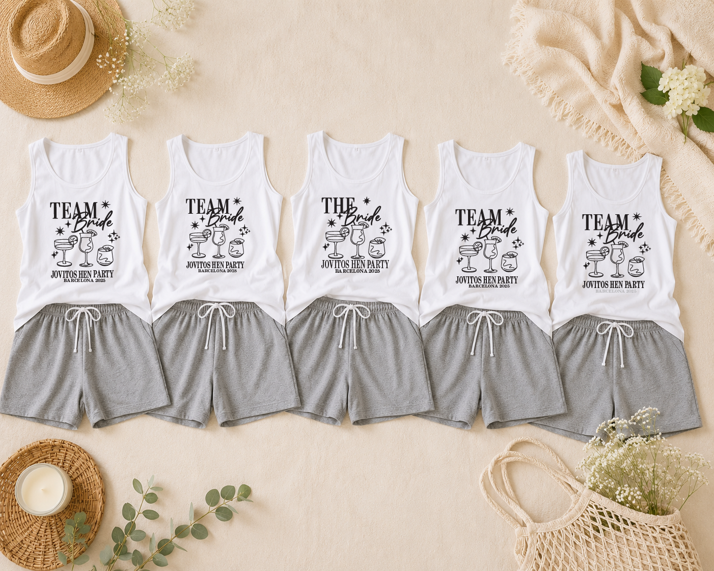 Personalised Team Bride Pyjamas – Grey Shorts & White Vest Hen Party PJs