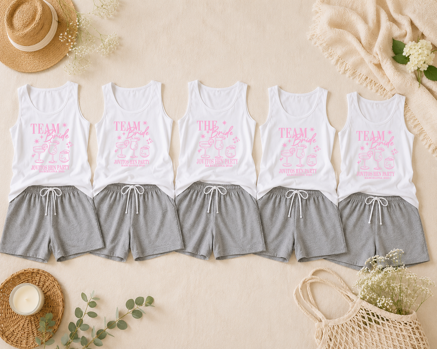 Personalised Team Bride Pyjamas – Grey Shorts & White Vest Hen Party PJs