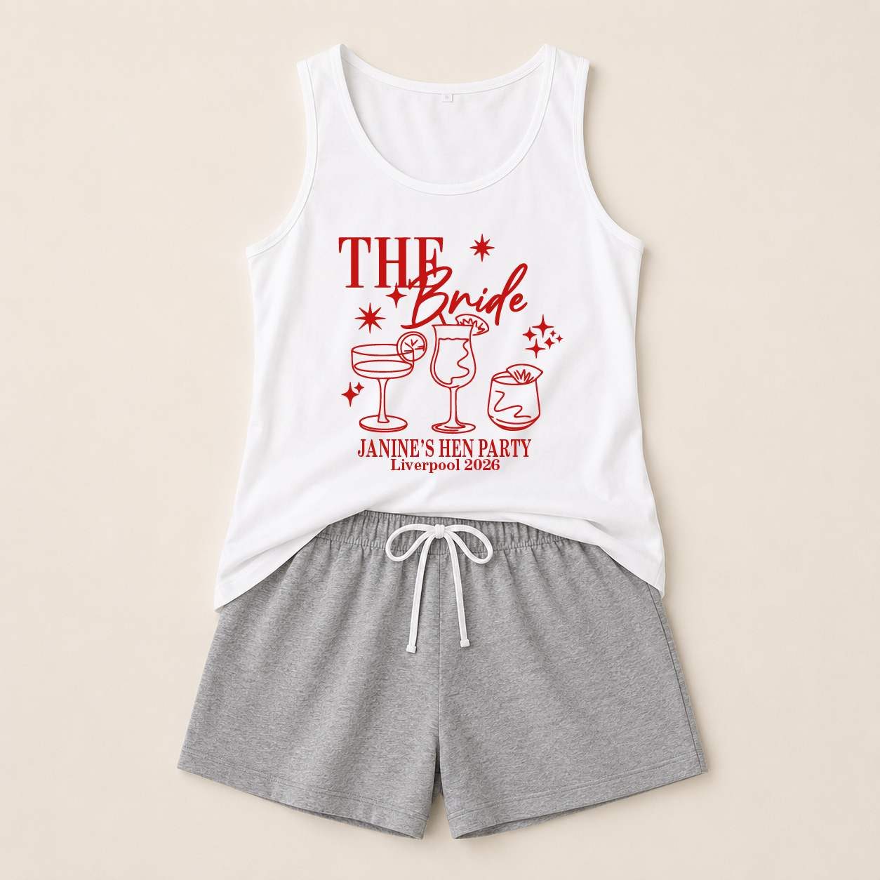 Personalised Team Bride Pyjamas – Grey Shorts & White Vest Hen Party PJs