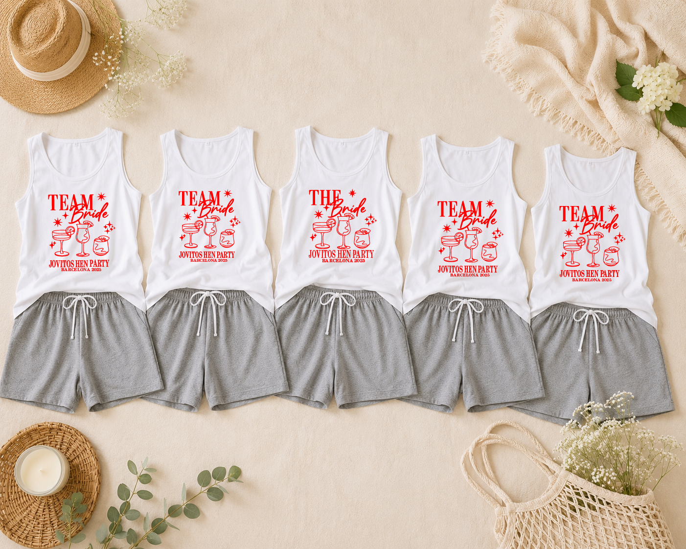 Personalised Team Bride Pyjamas – Grey Shorts & White Vest Hen Party PJs