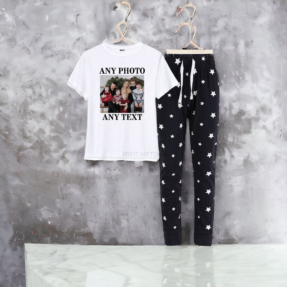 Pyjamas Fancy Text Personalised Your Text photo here Matching slogan pyjamas Navy Stars ...