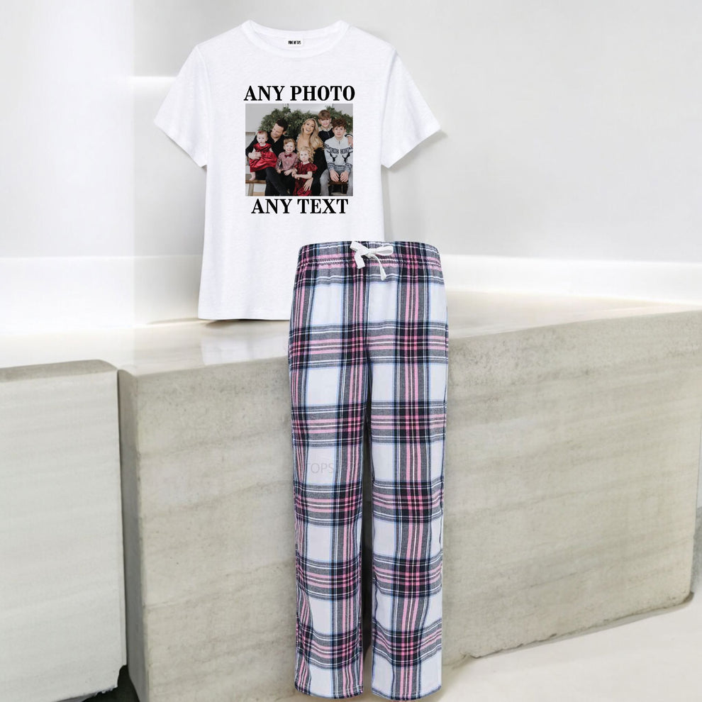 Personalised Your Text photo here Matching slogan pyjamas pink tartan ...