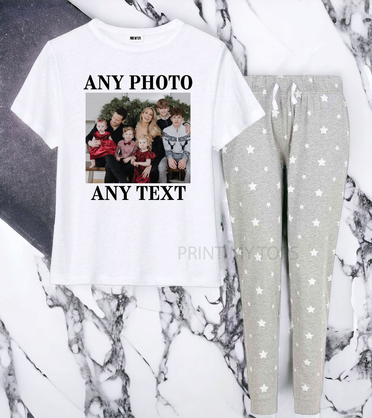 Pyjamas Fancy Text Personalised Your Text photo here Matching slogan pyjamas Grey Stars ...