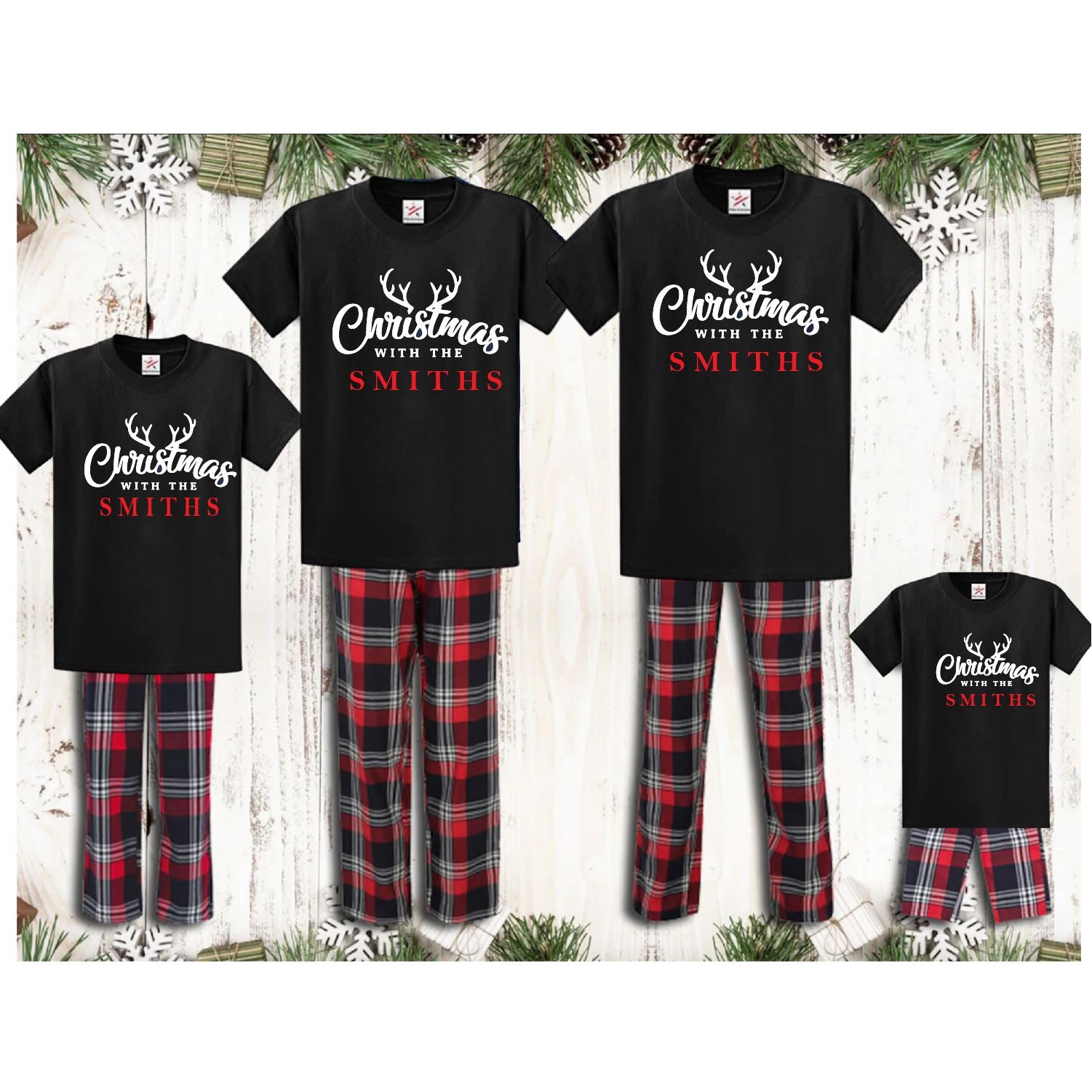 Black Matching Merry Christmas Personalised Family Tartan Pyjamas