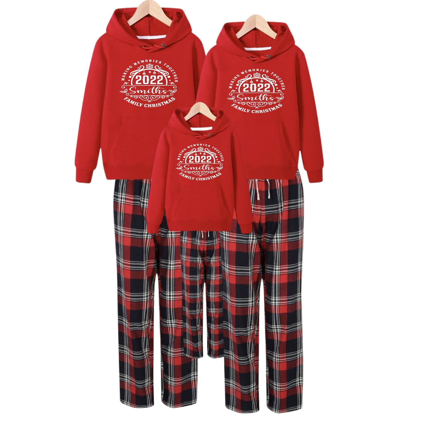 Family Matching Christmas Personalised Tartan Pyjamas & Red Hoodie Set