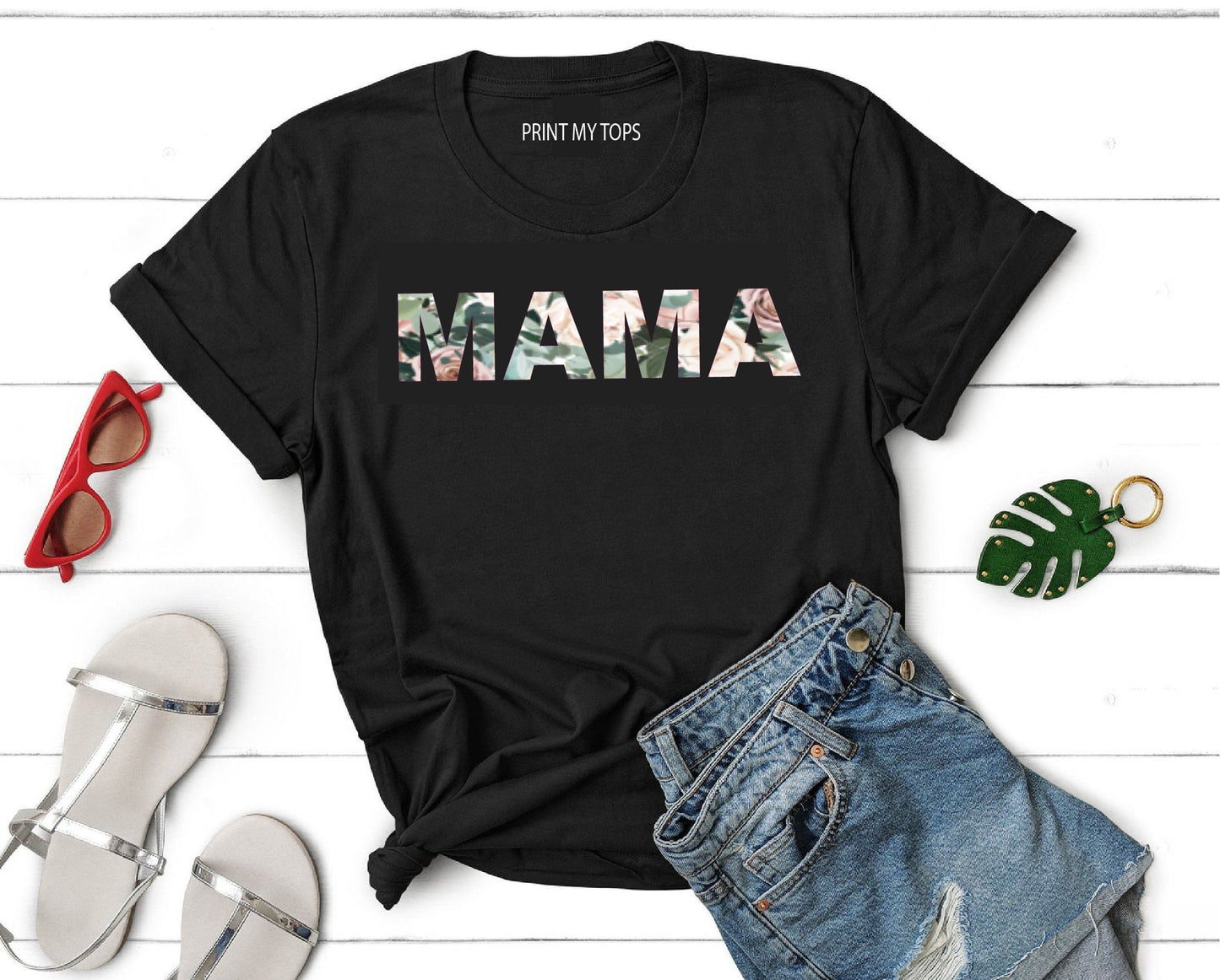 Floral Print Plain Mama Slogan T-Shirt