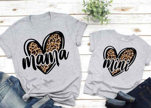 Matching Mama & Mini Leopard Heart Grey T-shirts