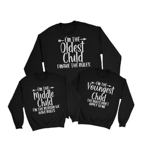 Matching Sibling Slogan Sweatshirts Youngest, Middle & Oldest Child