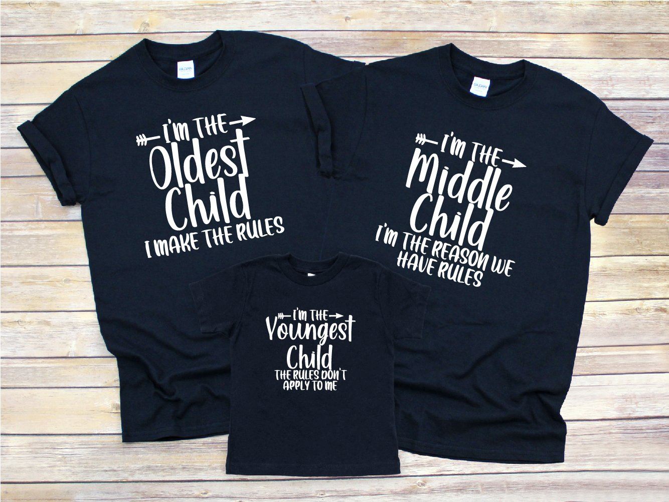 Matching Sibling Slogan Tops Youngest, Middle & Oldest Child
