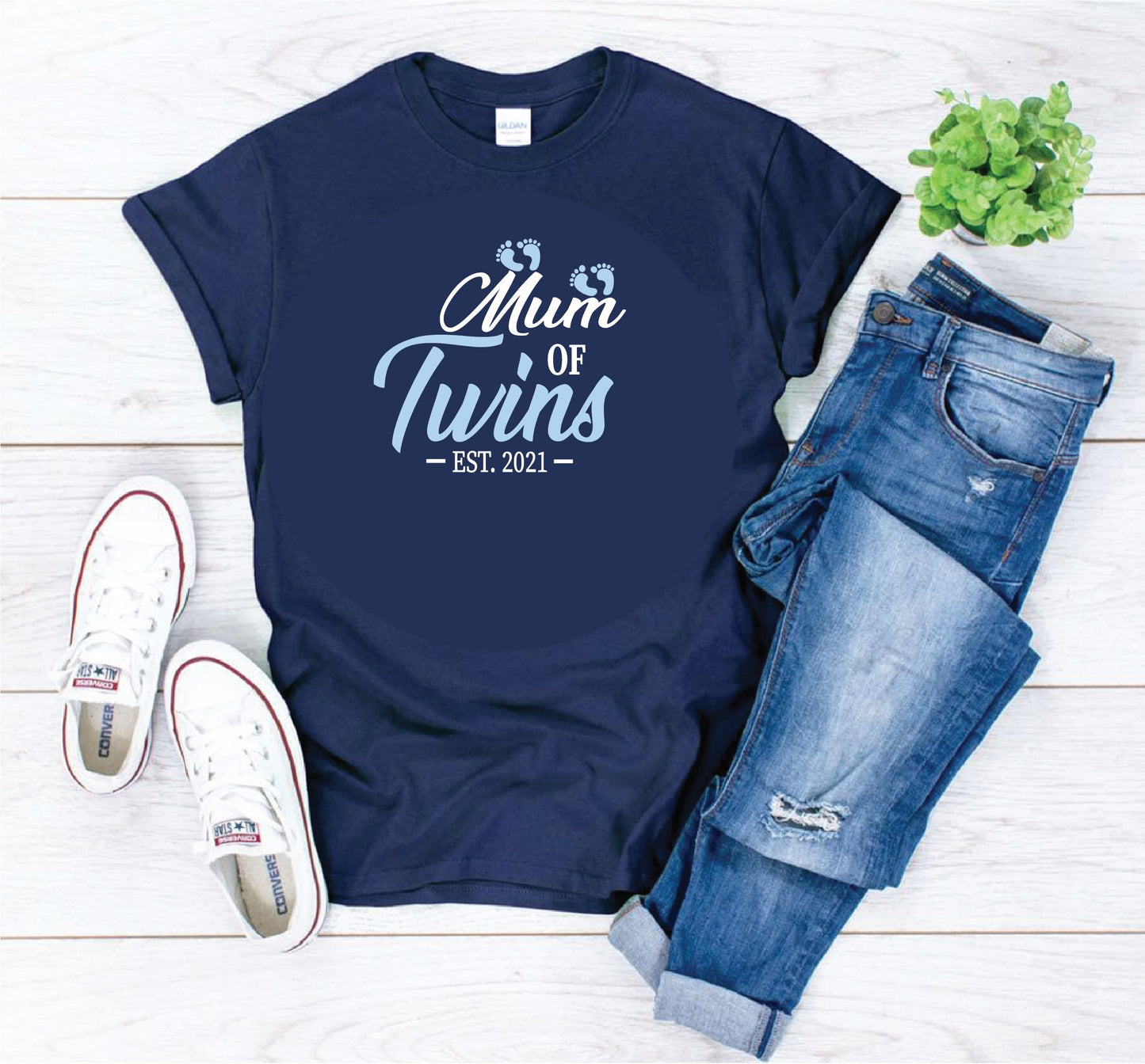 Mum of Twins Blue Footprints T-shirt