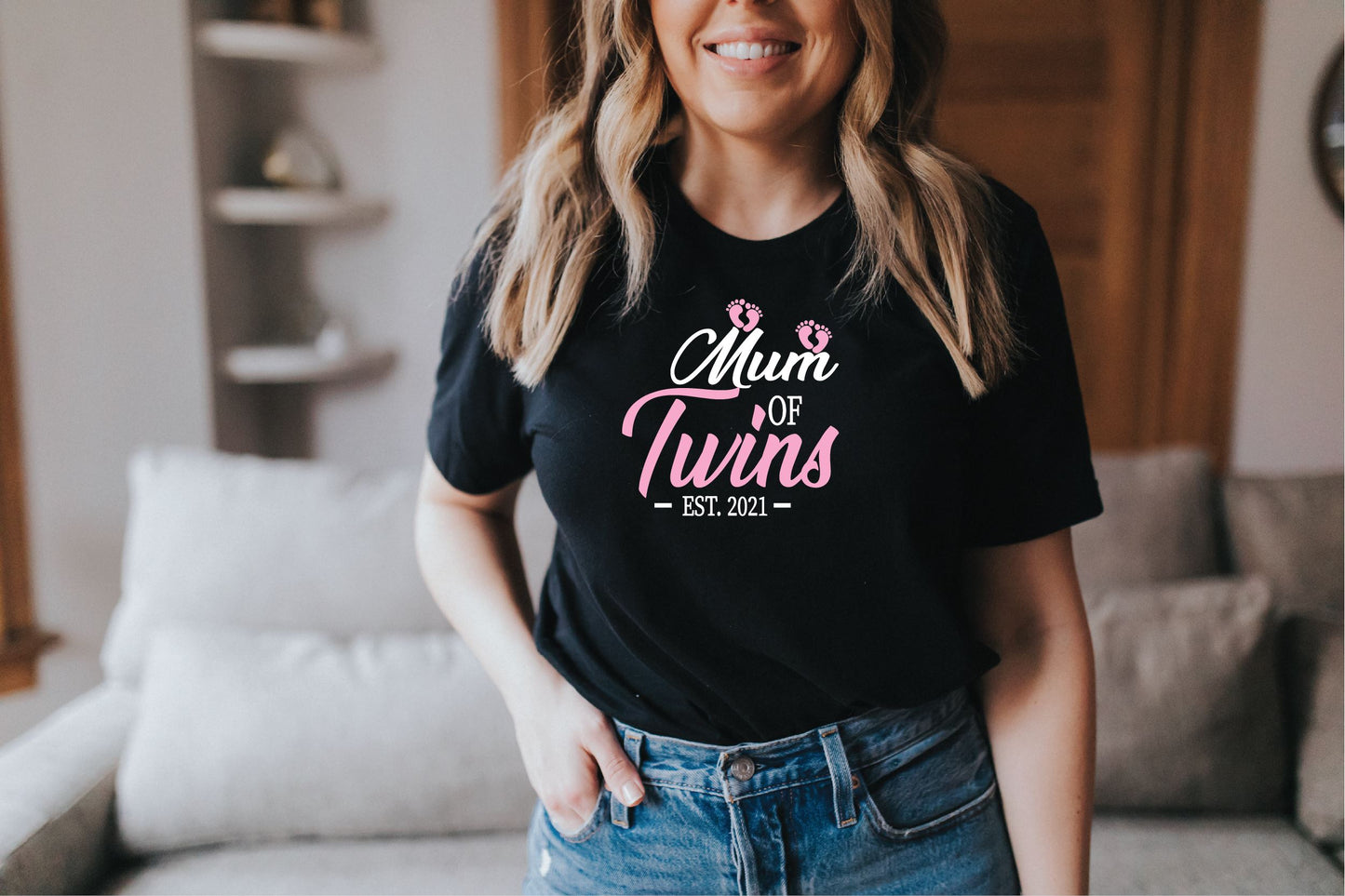 Mum of Twins Pink Footprints T-shirt