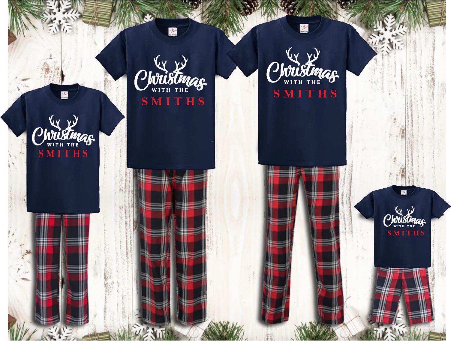 Navy Matching Merry Christmas Personalised Family Tartan Pyjamas