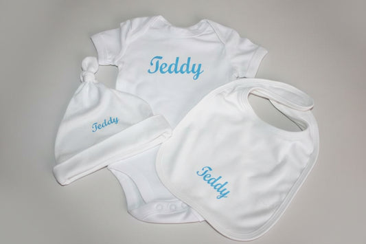 Personalised Baby Hat, Bib and Bodysuit Set
