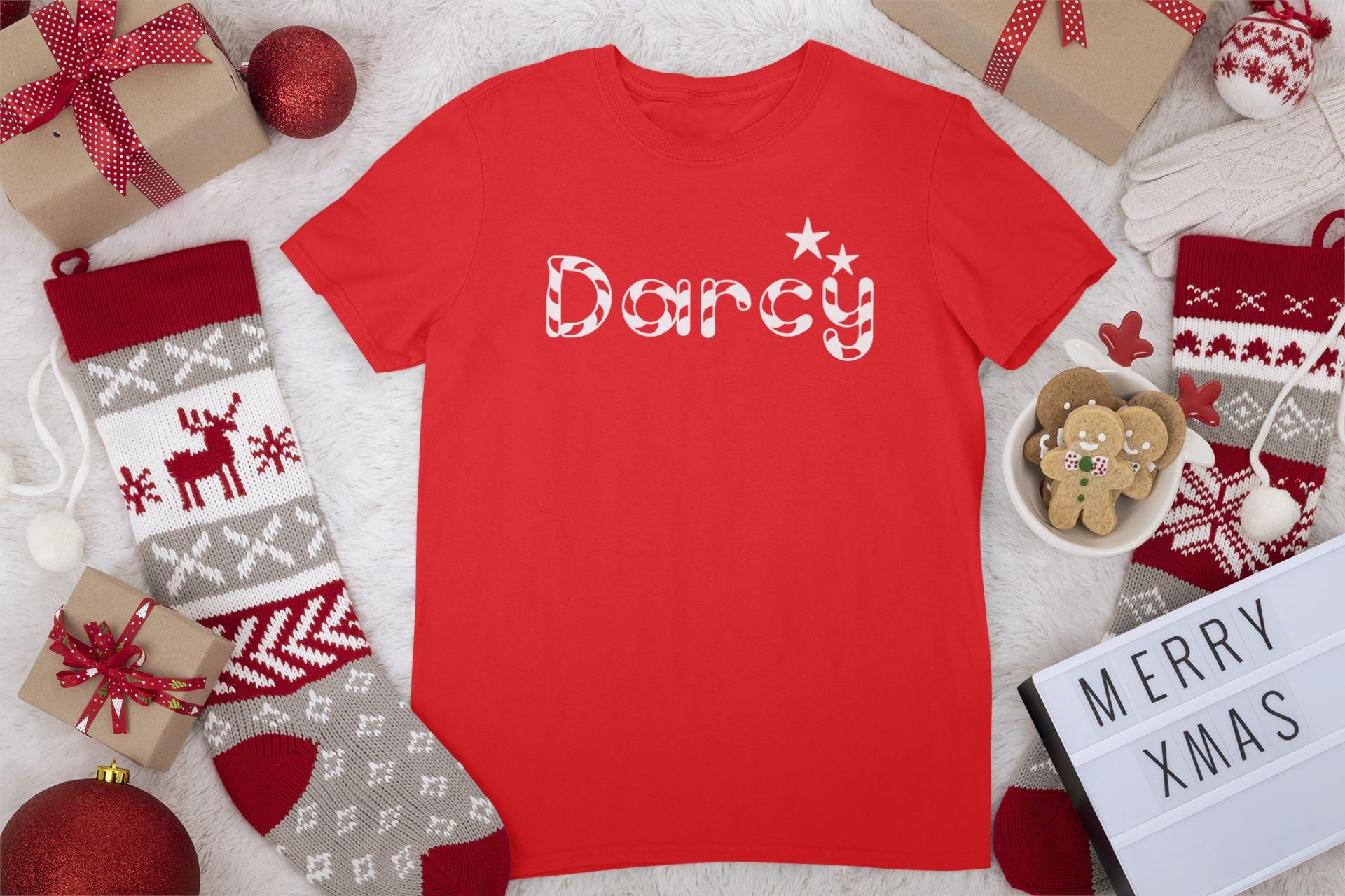 Personalised Candy Cane Name Christmas Red T-shirts
